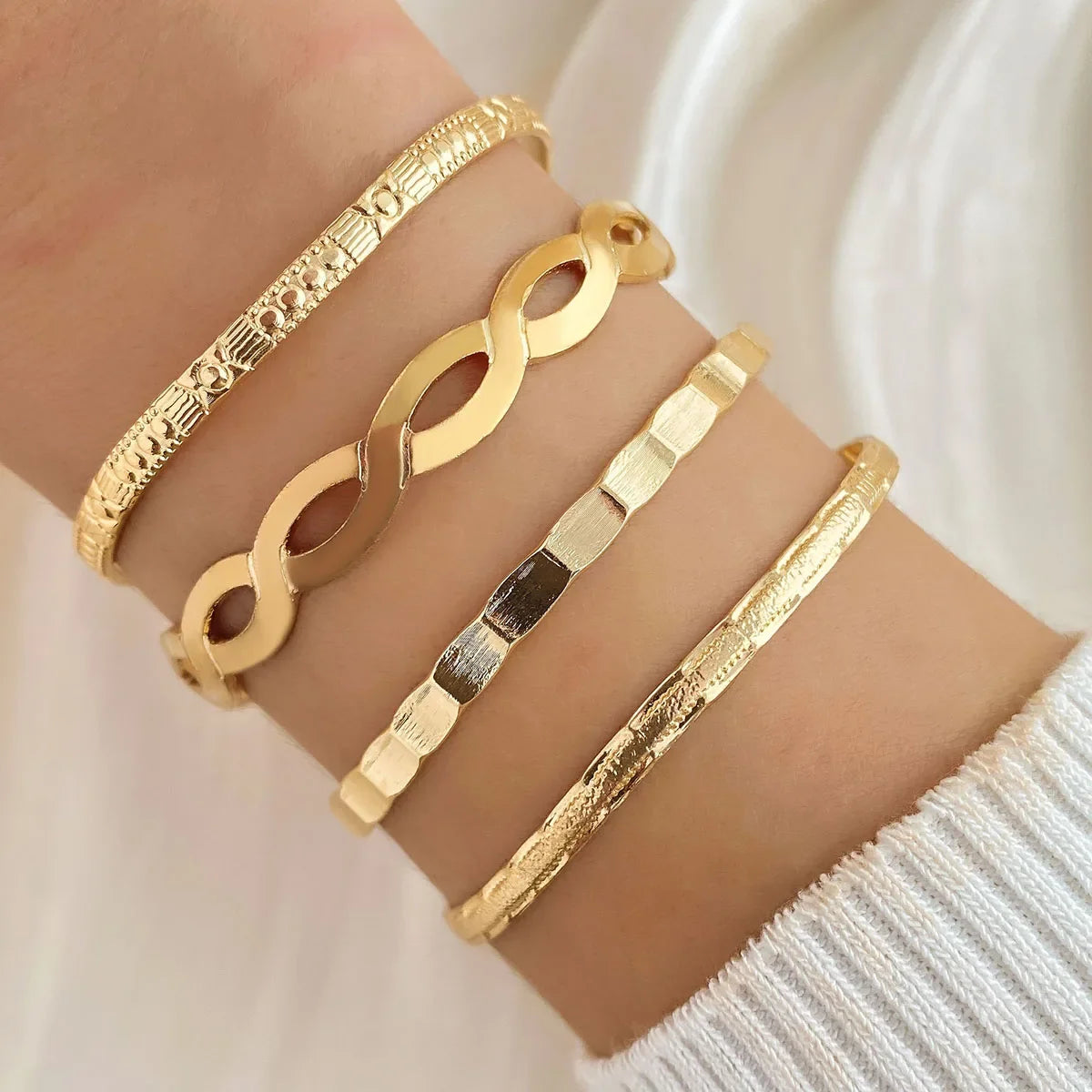 Trendy Gold Punk Opening Bracelets Set Gold Color Geometric Relief Pattern Creative Bangle for Women Fashion Jewelry Gifts