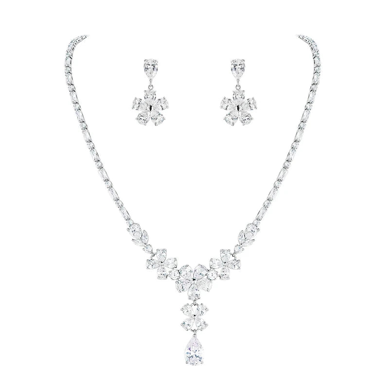 Weiman New Arrival Wedding Bridal Jewelry Set Rhodium Silver Plated Flowers with Cubic Zirconia for Gift Made of Brass