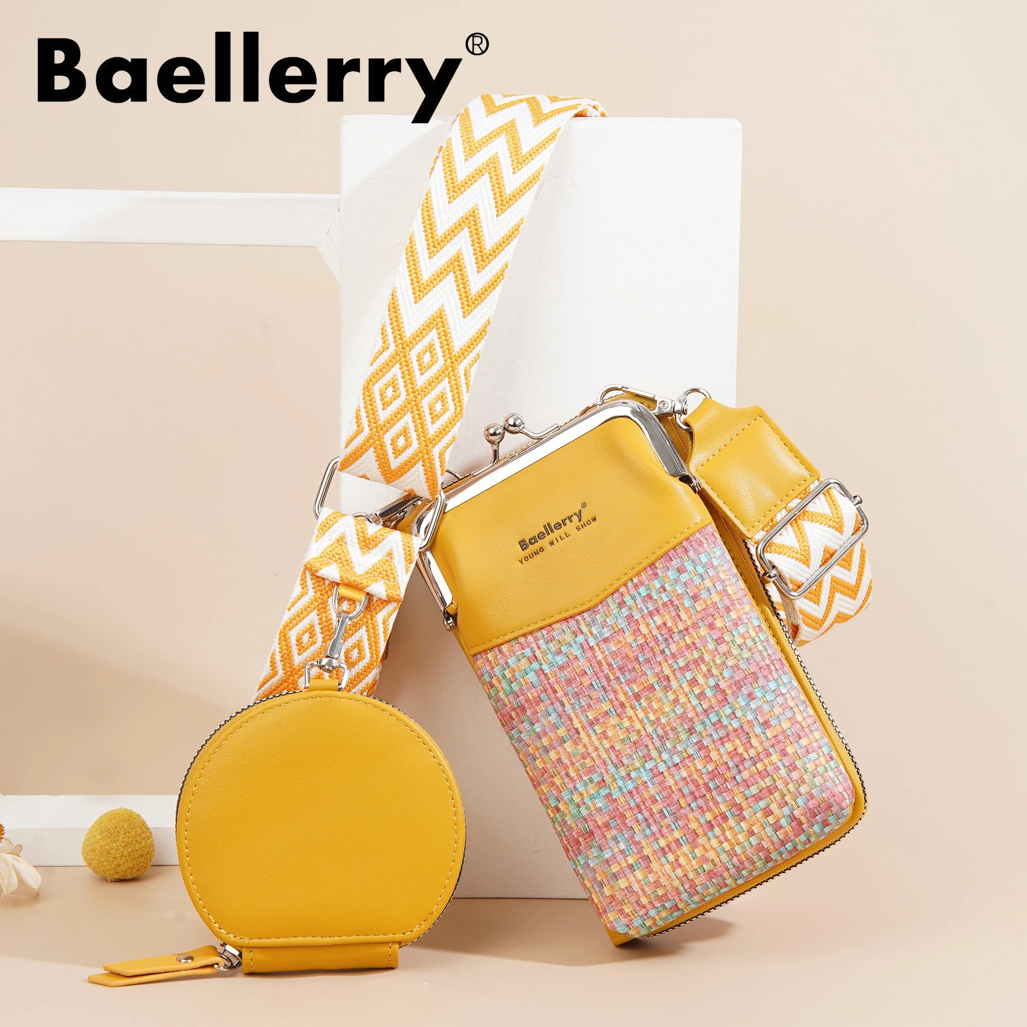 Baellerry Hot Ladies Crossbody Cell Phone Bag High-End Mini Satchel Weaving and PU Leather Sub Mother Bag Wholesale
