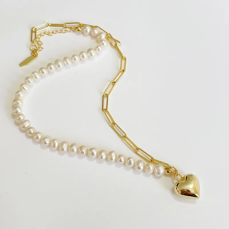 Mix Style 18K Gold Plated Paperclip Chain 925 Sterling Silver Natural Freshwater Pearl Heart Pendant Necklace