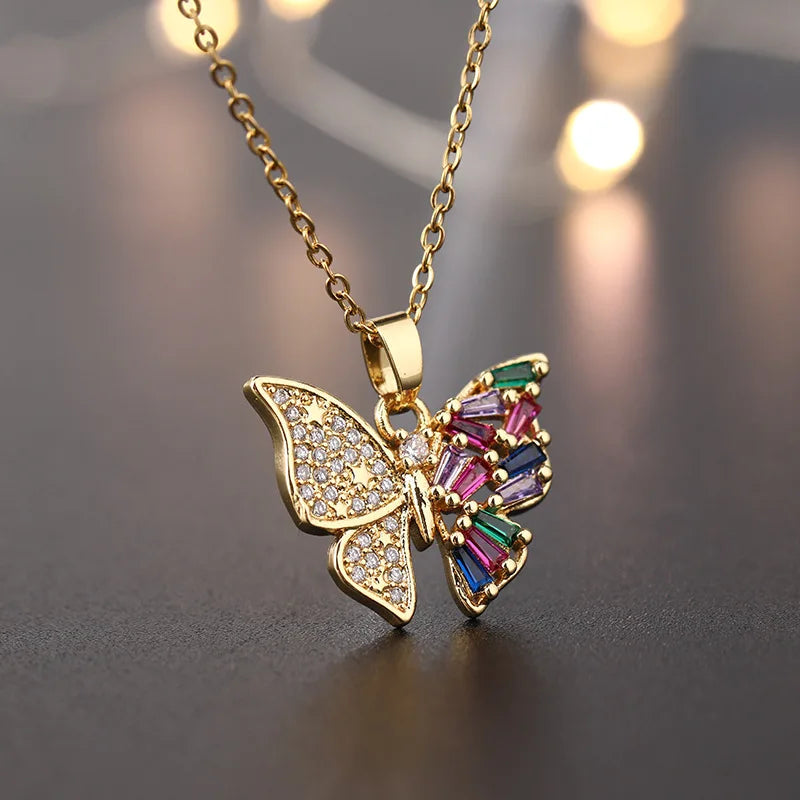 2022 New Arrive Zirconia Butterfly Necklace Charm Bling Cz Gold Copper Butterfly Purple and Pink Zircon Jewelry Pendant