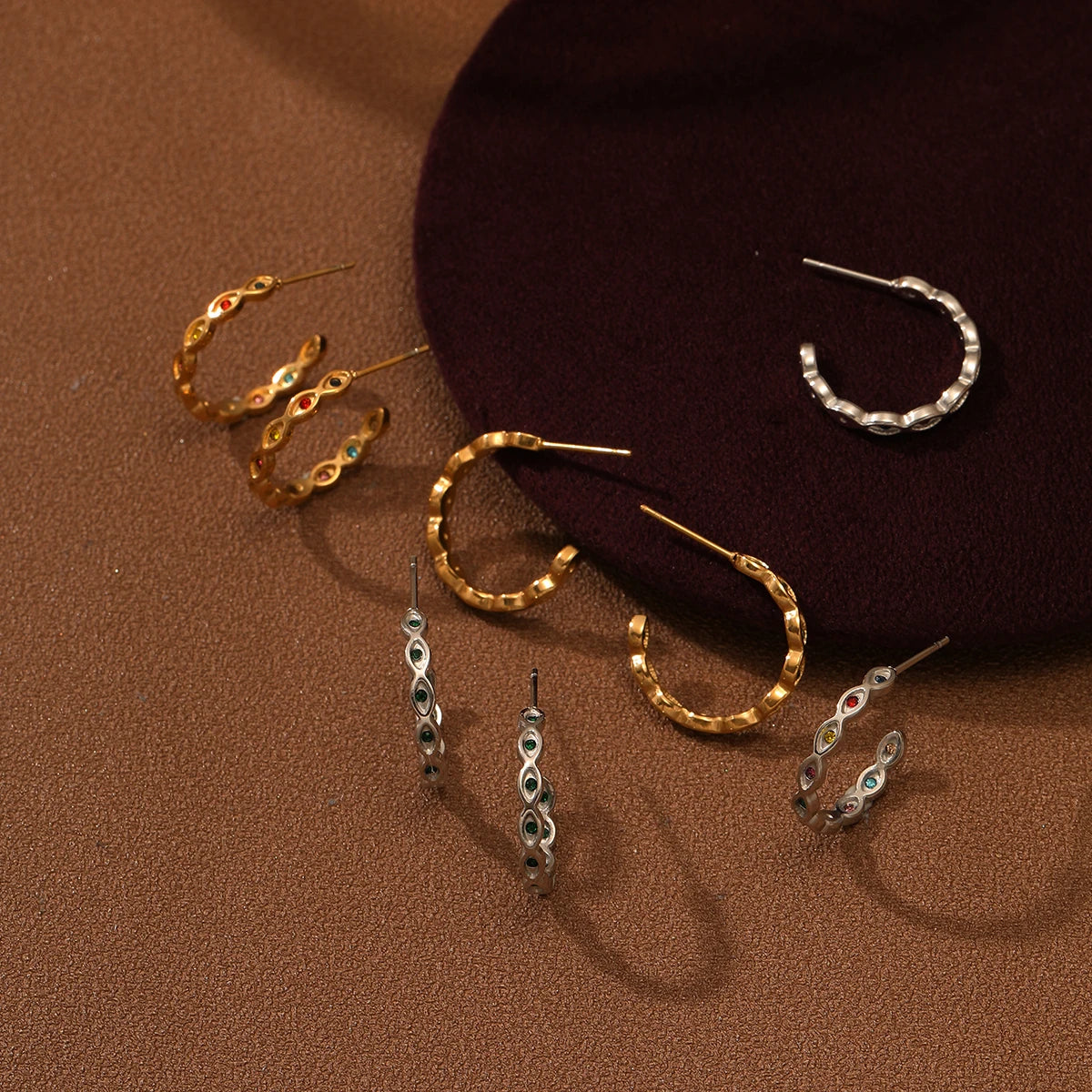 Rhinestone Hoop Earrings Women Stainless Steel PVD Gold Plated Waterproof Eye Shaped Stainless Steel Gold Hoop CC Earrings