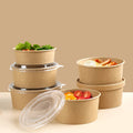 Disposable Take Away Food Grade Kraft Paper Round Fruit Salad Bowls With Clear Plastic Lids