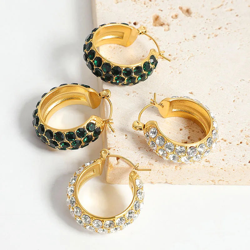 High Quality Full Round Brilliant Shine Iced Out Crystal Diamond Chunky Funky Hoops Cz Green Zircon Cubic Zirconia Earrings