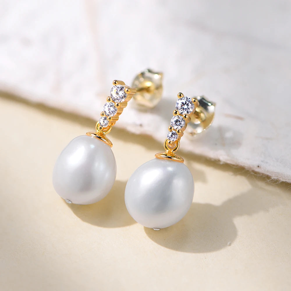 Fashion Simple Freshwater Pearl Studs Earrings Fine Jewelry Elegant 925 Sterling Silver Inlay Zircon Pearl Earrings for Women