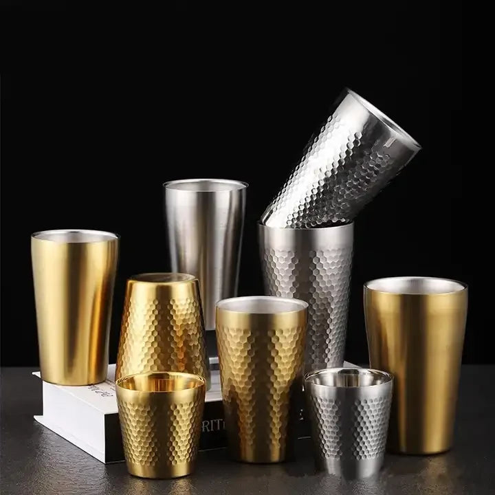 Korean Style Double-Wall Diamond Pattern Cup Hammered Cup Stainless Steel Mug  Anti Scalding for Water Coffee Tea Bar Party