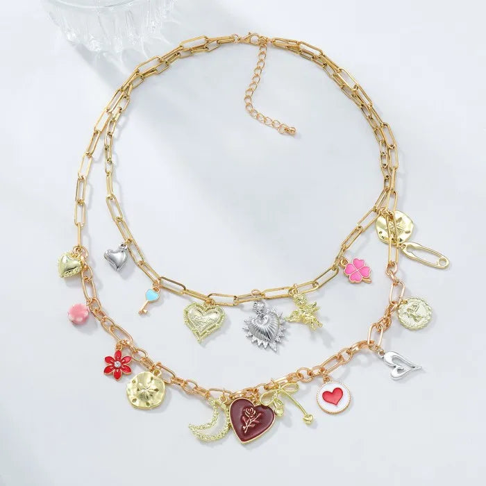 2025 New Vintage Multilayer Heart Moon Flower Pendant Clavicle Necklace for Women Valentine's Day Jewelry Gift