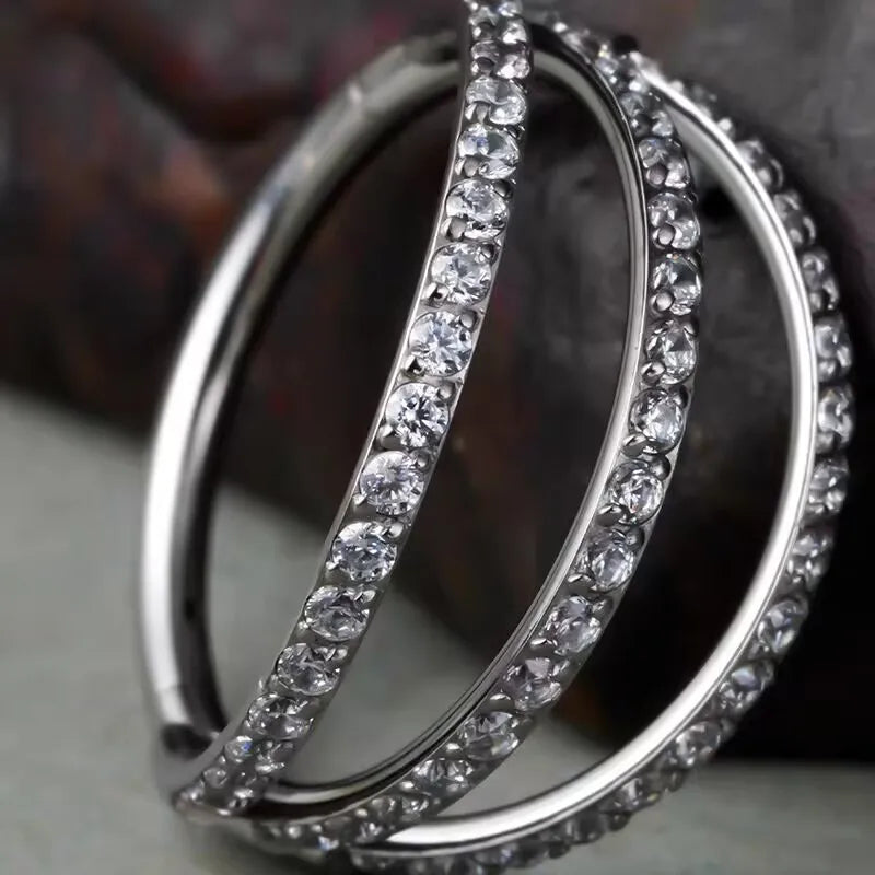 G23 Astm F136 Titanium Side-Facing 3-Fan Clickers with CZ Pave Hinged Segment Clicker Rings Piercing Body Jewelry