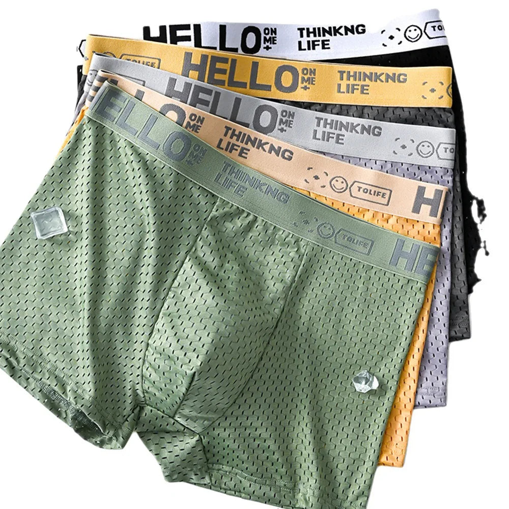 Men Underwear Boxer Shorts Breathable Mesh Ice Silk Seamless Convex Design Sexy Male Men's Underpants Boxer