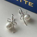 Pearl & Onyx Huggie Hoops 925 Sterling Silver with Ribbon Bow Design Modern Contrast Jewelry for Women