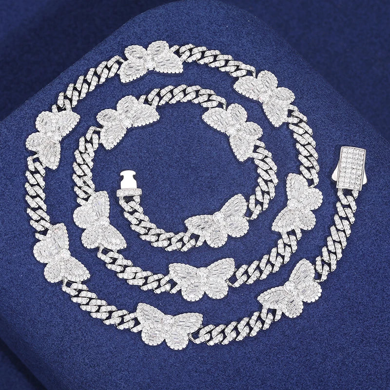 Factory Price Rapper Jewelry Baguette Butterfly Necklace 11mm 925 Silver VVS Moissanite Diamond Iced Out Cuban Link Chain
