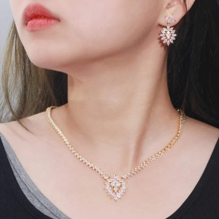 2PCS Set Zirconia Flower Leaf Drop Earrings and Necklace Luxury Jewelry Set for Brides Wedding Evening Party Set