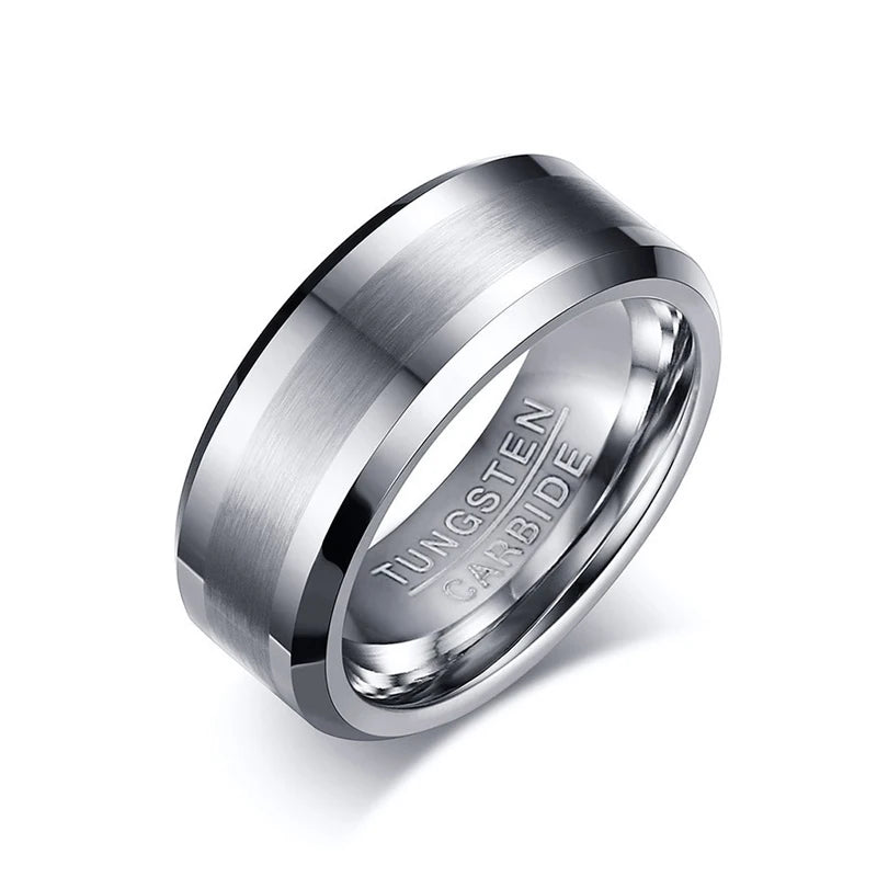Guandong Men's 8mm Tungsten Carbide Ring Classic Silver Color with Matte Finish for Wedding Engagement Party or Gift