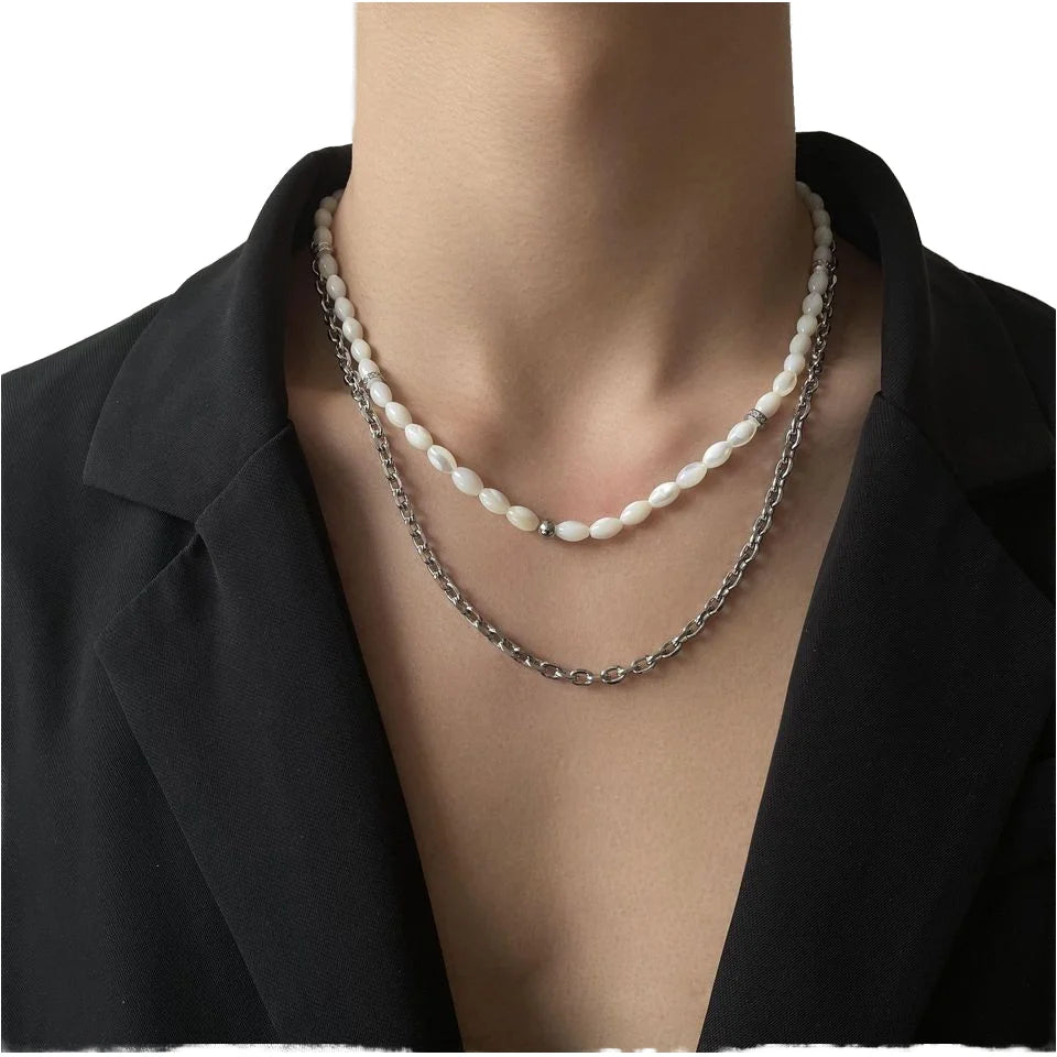 Female INS Trendy Double Layer Zircon Necklace Chain New Fashion Natural Pearl Necklace Stainless Steel Jewelry for Party
