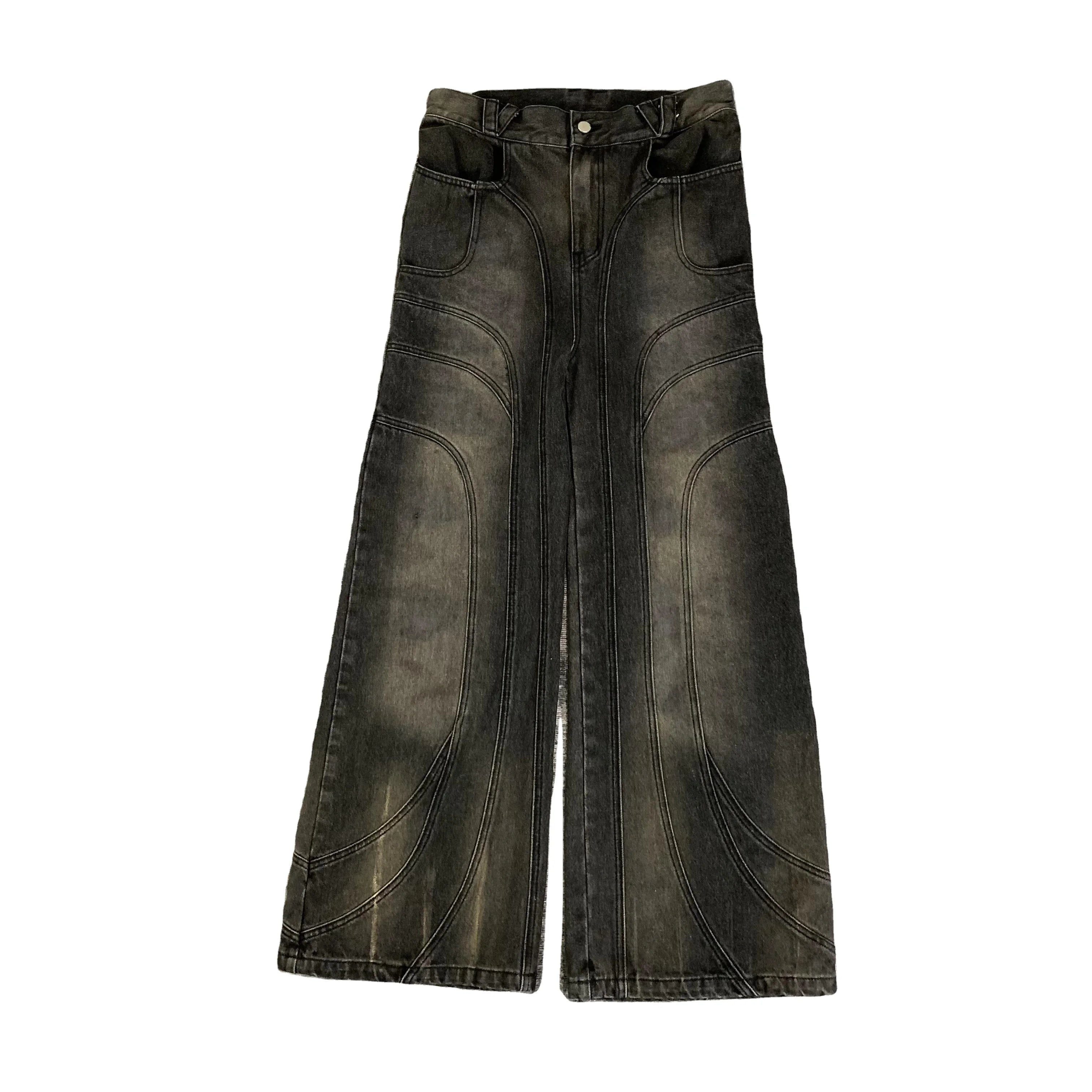DENMGUYS High End Custom Men Vintage Faded Washed Cut and Sew Seams Y2K Baggy Jeans for Men Wide Leg Stacked Denim Pants