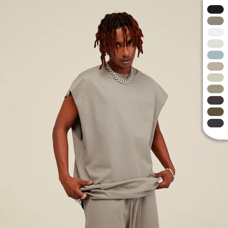 White Tank Top Men Custom LOGO 305GSM Cotton Sleeveless T Shirts Summer Gym Wearing Raw Edge Cuff Sleeveless T-shirts
