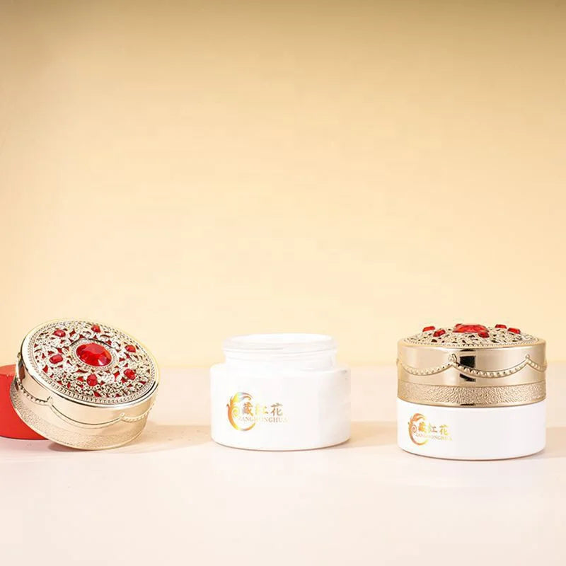 New Style White Glass Cream Jars 30g 50g Capacities Plastic Flower Lid for Skin Care Eye Cream Blush Lotion Perfume Wig Care