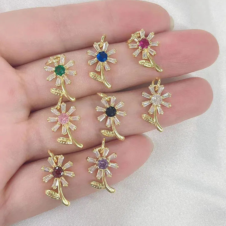 CZ8577 Mini Jewelry Supplies Gold CZ Micro Pave Chrysanthemum Daisy Flower CharmsTiny Small CZ Diamond Floral Flower Charms