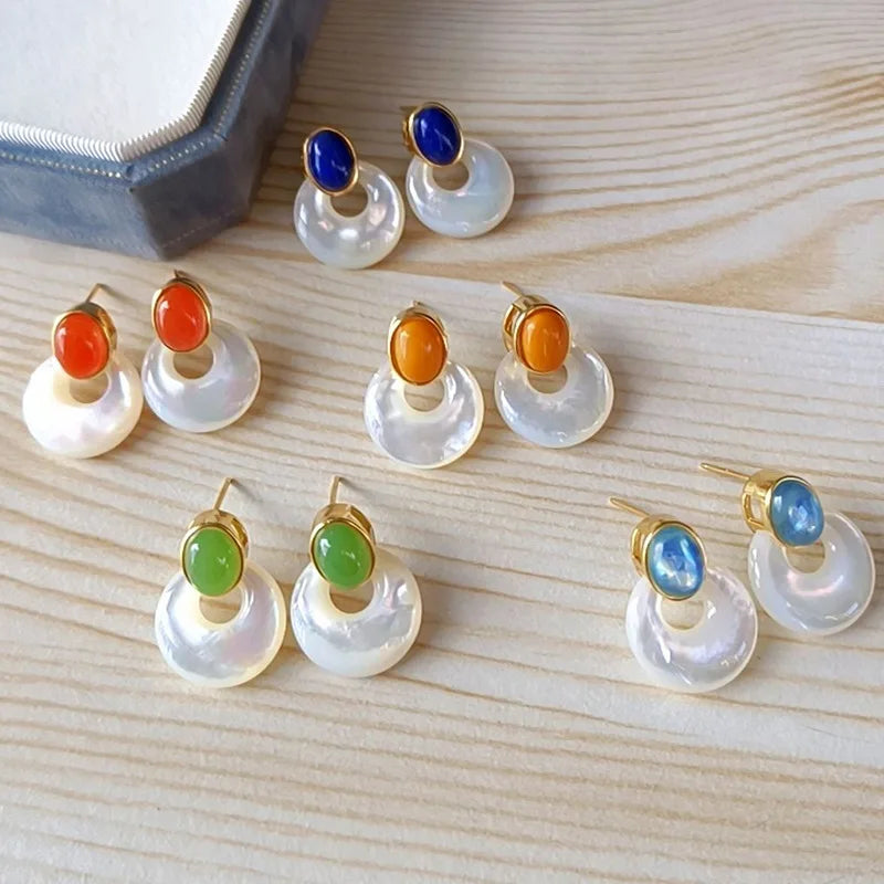 Fashion Luxury Jewelry 925 Silver Earring Natural Jasper Lapis Lazuli Earrings S925 Silver Thick 18K Gold Plated Multi Styles