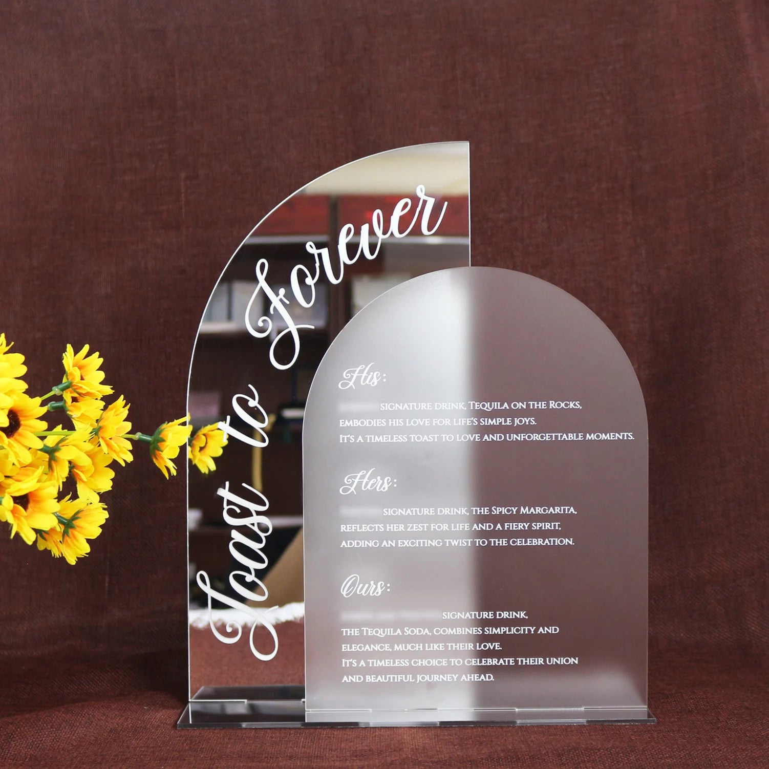 Silver Mirror Acrylic and Frosted Acrylic bar Drinks Menu for Party Wedding Event Menu Signs