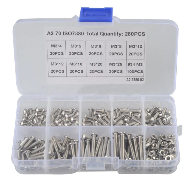 280PCS M3 Cross-border Special Stainless Steel 304 Pan Head Hexagon Screw and Nut Combination Box Set