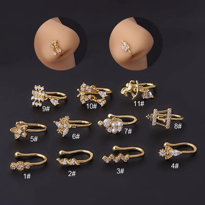 POENNIS Allerge Proof Zircon Fakes Nose Ring Cuff Indian 14K Gold Plated Stainless Steel Nose Ring for Women
