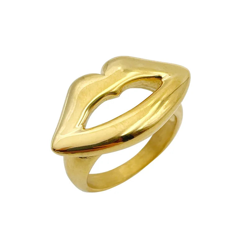 18K Gold Plated Tarnish Free Chunky Ring Personalized Big Lip Design Stacking Ring Jewelry Stainless Steel
