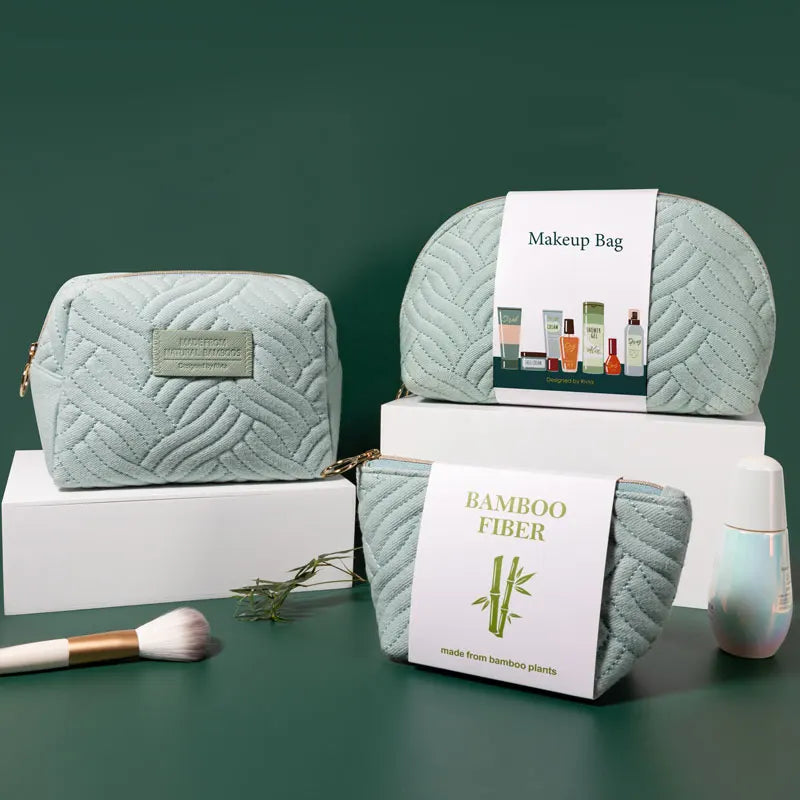 Custom Professional Personalized Private Label Bamboo Fiber Eco-Friendly Quilted Pouch Makeup Cosmetic Bag Cases with Logo