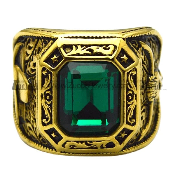 High-Quality Gold Plated Big Octagon Green Emerald Rhinestone Stone Ring with Men Titanium Steel Geometric Ring Hip Hop Jewelry