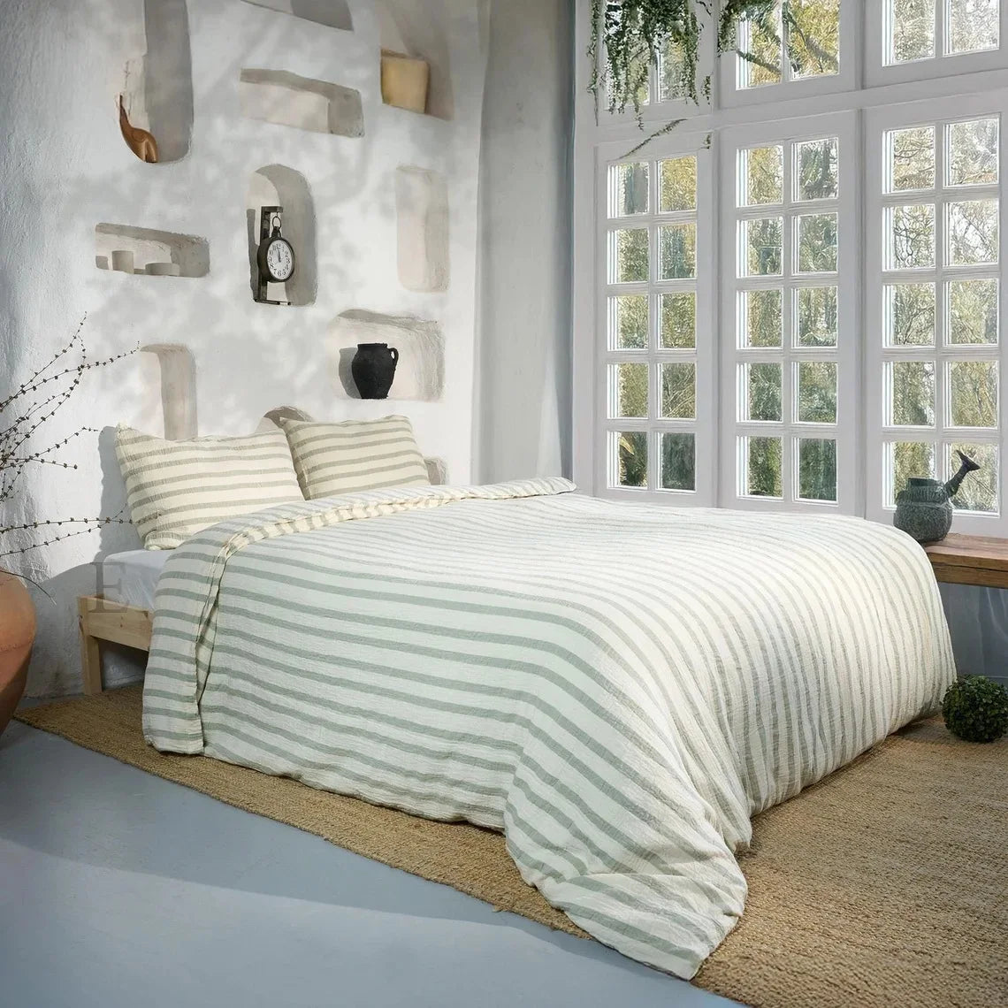 100% Organic Cotton Muslin Bedding Sgae Green Muslin Cotton Bedding 100% Muslin Cotton Duvet Cover Set Striped Printing