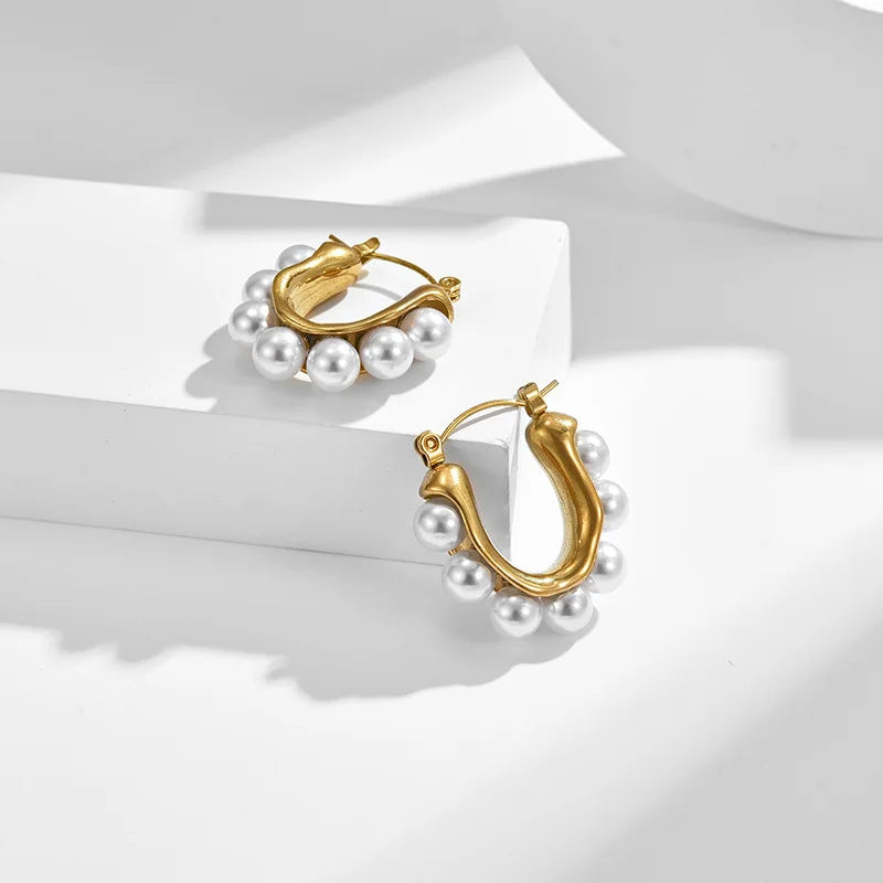HOVANCI Statement Western Cowgirl Boho Jewelry Vintage Waterproof Stainless Steel Geometric Ethnic Pearl Hoop Earrings