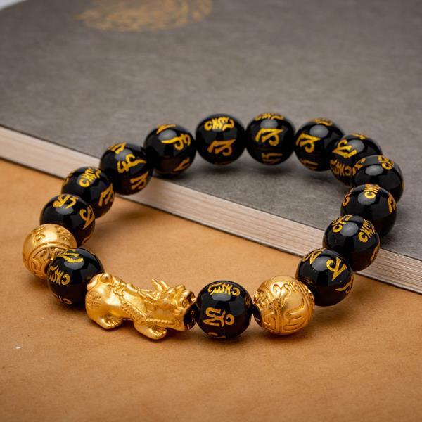 Hot Selling Genuine Black Obsidian Bracelet Gold Six Words Pixiu Agate Crystal Wealth Luck Enhancement Perfect Gift Feng Shui