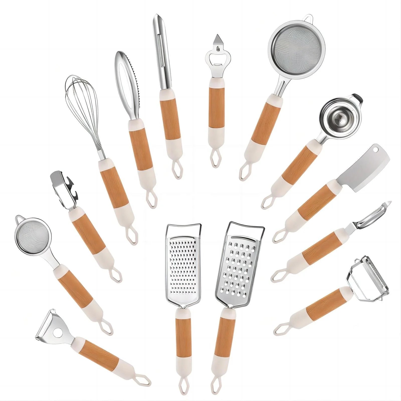 14-Piece Kitchen Gadget Set Wooden Handle Including Stainless Steel Pizza Cheese Knife Planer Egg Beater