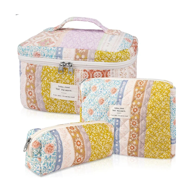 Quilted Cotton Eco-Friendly Large Portable Makeup Bag Set Luxury Zippered Cosmetic Case Letter Pattern Waterproof Fashionable