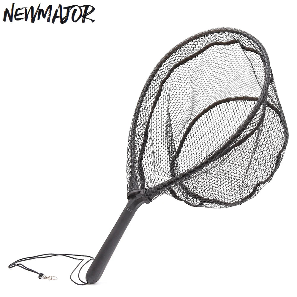 NEWMAJOR Black Single Section Landing Net Nylon Hand Fishing Net with Hanging Adhesive for Fly Fishing
