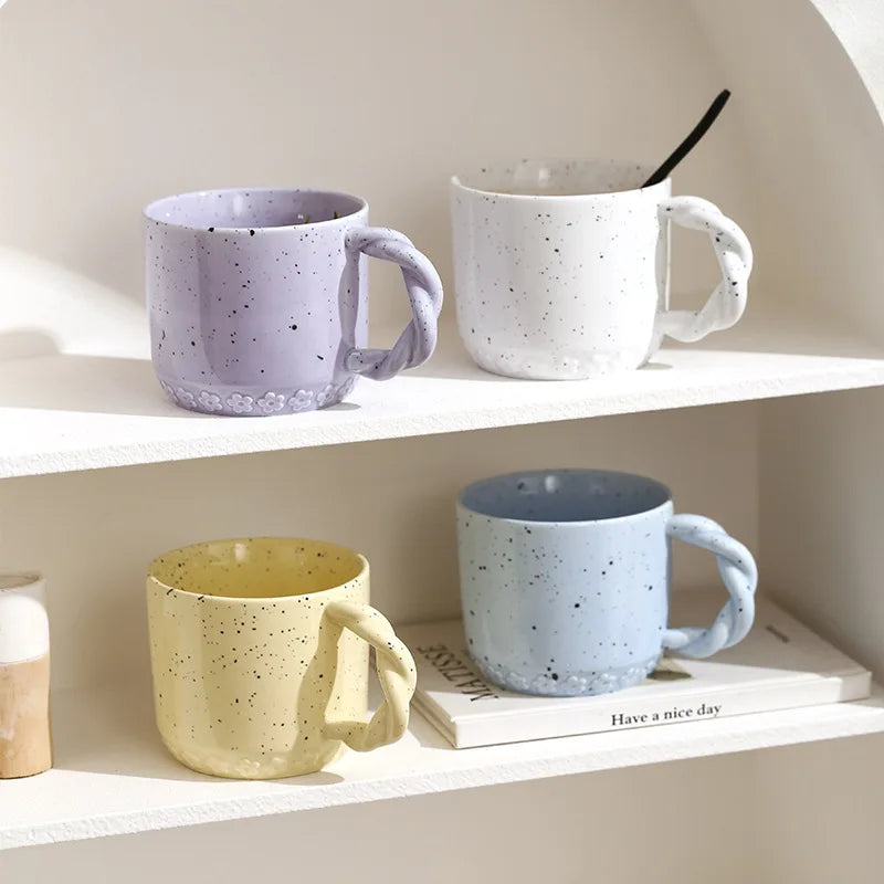 Ins Korea Splash Ink Ceramic Water Mug Creative Large Capacity Soft Cream Breakfast Milk Mug with Twist Handle