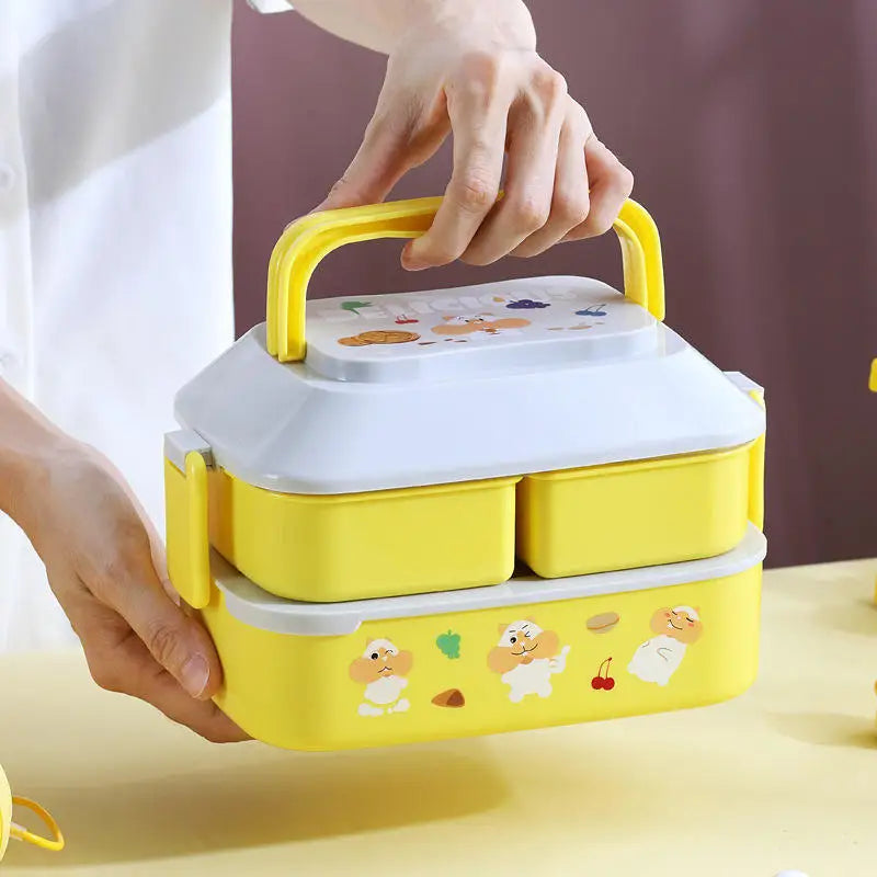 Cute Kawaii Lunch Box for Kids Girls Double Layer Plastic Bento Box with 3D DIY Stickers Handle Portable School Lunchbox MegaBDM