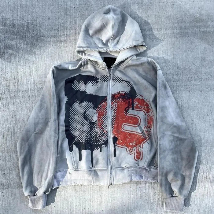 OEM New Design Custom Heavy Weight 100% Cotton Zipper Acid Wash Cropped Boxy Graphic Distressed Hoodie