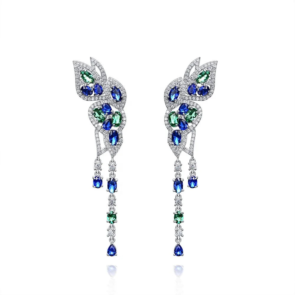 Luxury Trendy Silver Earring for Women Butterfly Design with Blue Green Diamond Zircon Party Jewelry for Weddings and Gifts