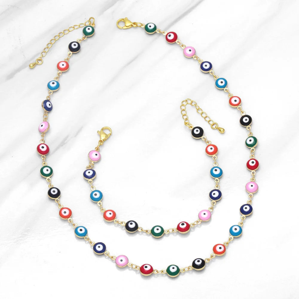 Bohemian Sweet Color Gold Plated Alloy Drip Oil Turkish Eye Charm Necklace Bracelet Set for Women
