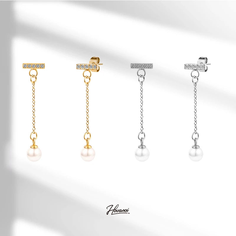 HOVANCI Wholesale Accessories Women Jewelry Anti Allergy 316l Stainless Steel Zircon Pearl Drop Earrings Stud
