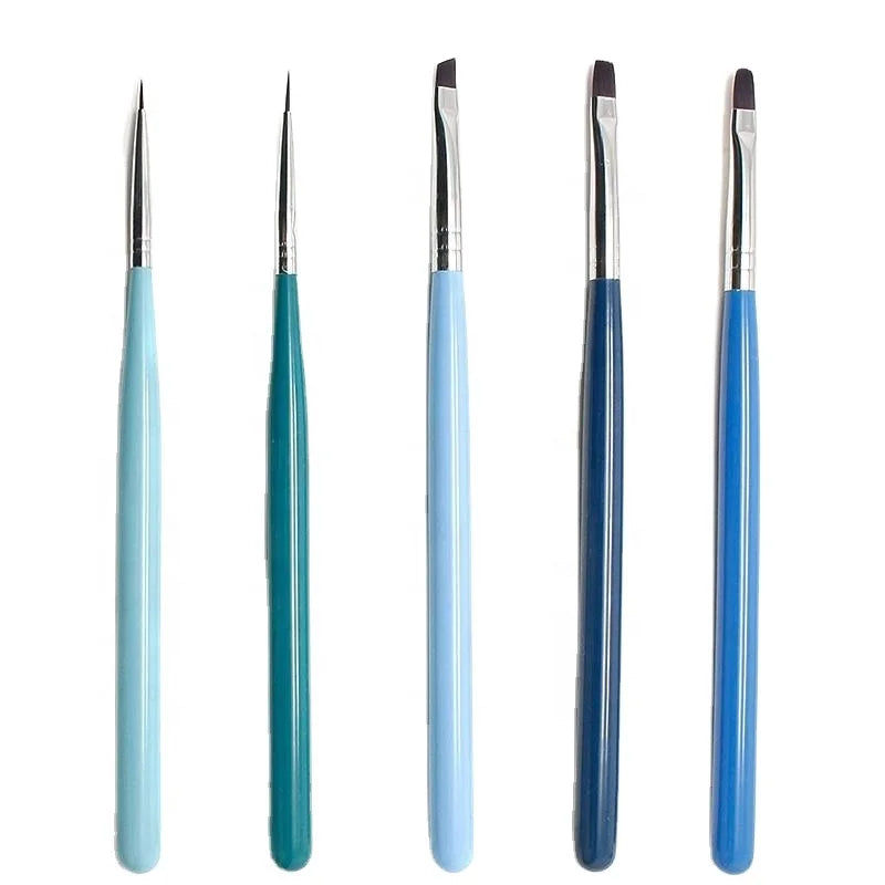 New 5pcs Colorful Wooden Rod Professional Gel Nail Art Brush Set with Crimped Ferrule Oval Flat Slanted & Nylon Detail Brushes