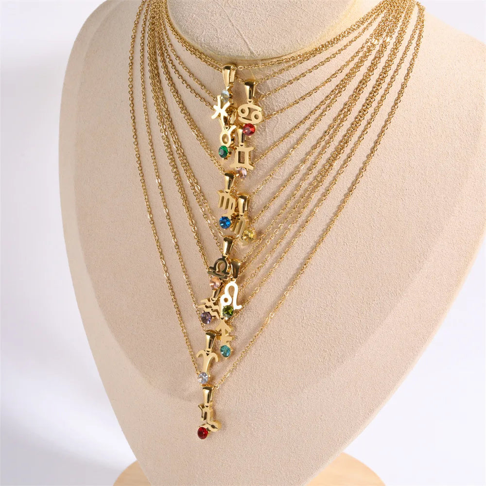 DAIHE Vintage 18k Gold Plated Diamond Inlaid 12 Zodiac Stainless Steel Pendant Necklace