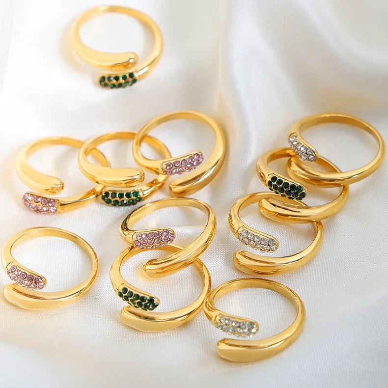 European American Wholesale Minimalist Snake Shaped Stainless Steel Ring Fashion Open Adjustable Pink Green White Zirconia Ring