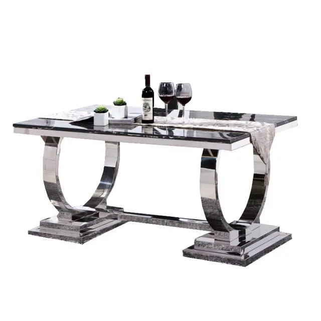 Modern Dining Table Sets 1+6/1+8 Modern Rectangle Marble Top Metal Silver Stainless Steel Customized Size Dining Room Furniture