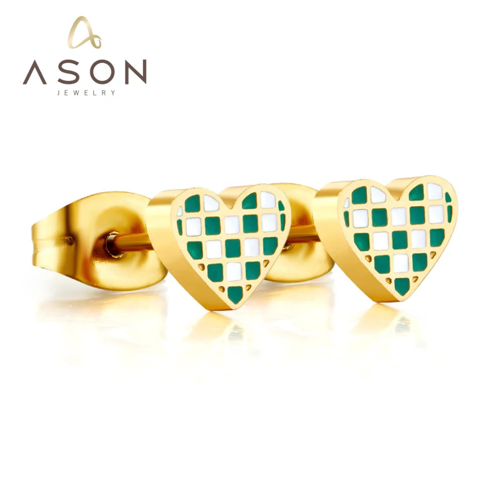 Ason Earrings Dropshipping New Latest Gold Earrings Design for Women 2022 Stainless Steel Heart Checkerboard Stud Earrings