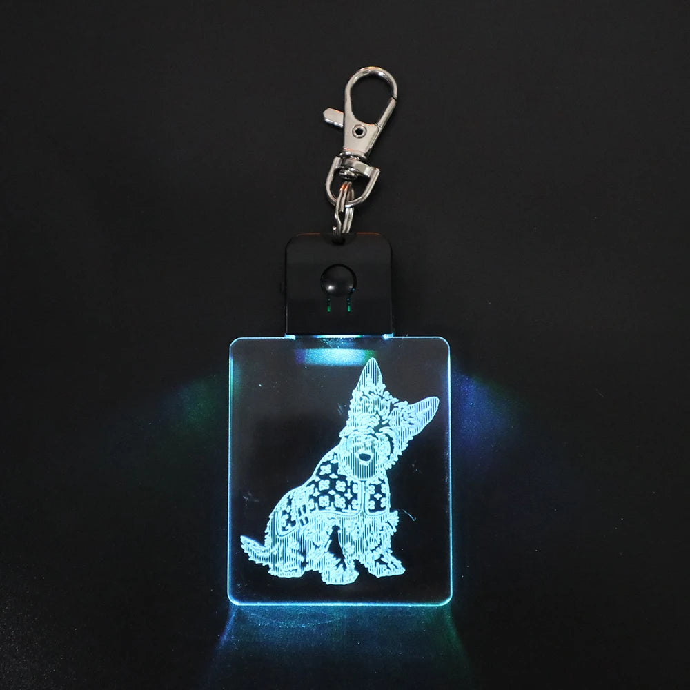Lovely Dog Keyring Laser Engraved Acrylic Rechargeable 3D LED Keychain Glass Metal Key Chain