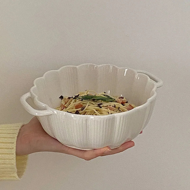 Japanese Ceramic Chrysanthemum Binaural Soup Bowl Tableware Large Oven Microwave Ramen Bowl