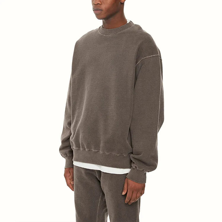 Y2k 2025 Thick Collar Heavyweight Crewneck Sweatshirt Cotton Acid Wash Oversized Drop Shoulder Sweatshirt Crewneck Bulk