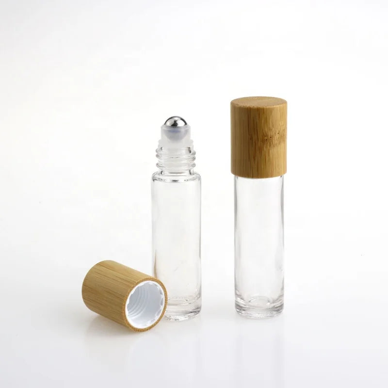 Fancy 10ml Empty clear Glass Roll on Perfume Massage Essential Oil Bamboo Lid Roller Bottle